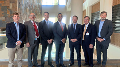 2021 Insall Fellows Martin Faschingbauer, M.D., Sumon Nandi, M.D., and J. Ryan Martin, M.D. (center) shown with UAMS hip and knee surgeons Jeffery Stambough, M.D., Simon Mears, M.D., Ph.D. Lowry Barnes, M.D., and Ben Stronach, M.D.