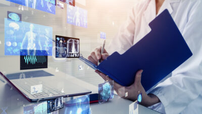 Stock image illustrating the use of electronic medical record software using synthetic instead of actual data that is now available at UAMS to train medical students to use the same system they will use as physicians.