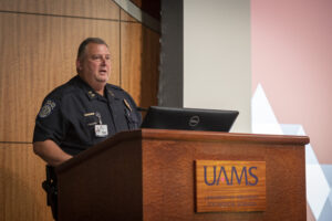 Robert Barentin, Chief of Police, UAMS, gives a presentation on campus safety. 