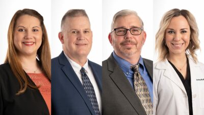 The UAMS College of Health Professions recently promoted four members of its faculty. Left to right, they are: Melissa Halverson, Nathan Johnson, Paul Nelson and Ashley McMillan.