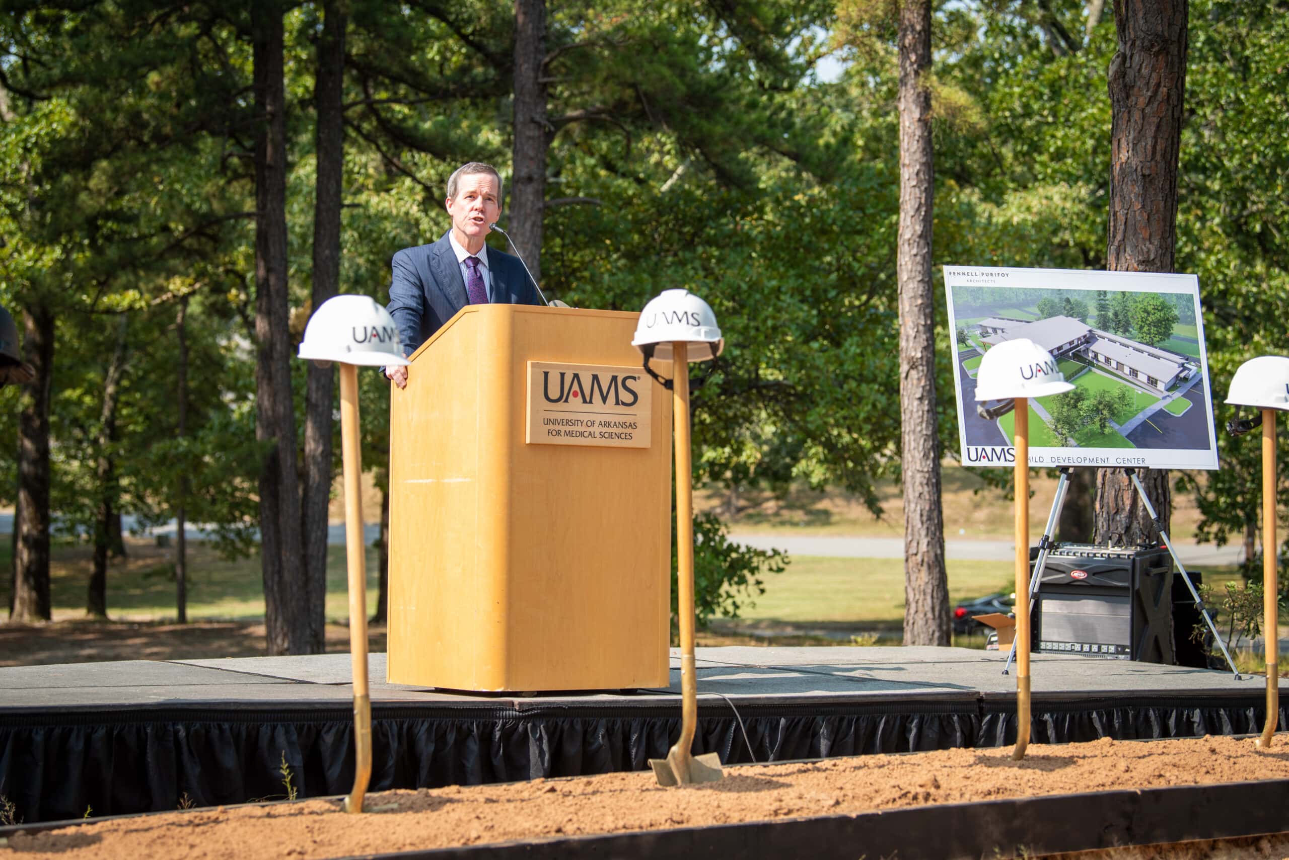University of Arkansas for Medical Sciences (UAMS) Chancellor Cam Patterson speaks Wednesday during the groundbreaking ceremony for the Child Development Center project in Little Rock.