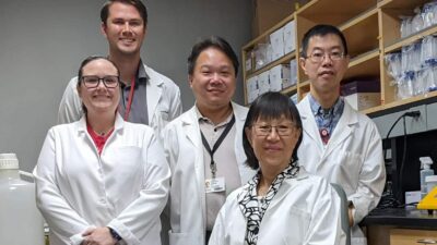 Shuk-Mei Ho, Ph.D., (front) with her lab/study team members: (second row, from left) Marybeth Shepard, technician, Ricky Leung, Ph.D., associate professor, and Neville Tam, Ph.D., assistant professor; (back) Alex McDonald, technician.
