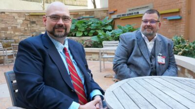 Mathias Brochhausen, Ph.D. (right), and Kevin Sexton, M.D., will test which organizational features affect patient outcomes at 230 Level 1 and Level 2 trauma centers.