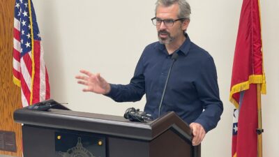 Nickolas Zaller, Ph.D., speaks at a press conference Nov. 1 announcing a $1.3 million grant awarded the Pulaski County Sheriff’s Office from the Bureau of Justice Assistance.