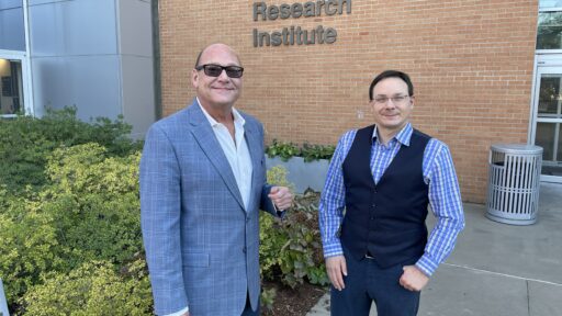 Ronald G. Thompson, Ph.D., (left) Andrew James, Ph.D., and Mary Bollinger, Ph.D., (not shown) have designed an app to decrease opioid cravings and optimize medication-assisted treatment among individuals with opioid use disorder.