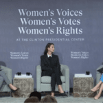 Nirvana Manning, M.D., (left) chair and associate professor in the UAMS College of Medicine Department of Obstetrics and Gynecology, sits on a panel with Christy Turlington Burns and Chelsea Clinton at "Women’s Voices, Women’s Votes, Women’s Rights."