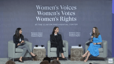 Nirvana Manning, M.D., (left) chair and associate professor in the UAMS College of Medicine Department of Obstetrics and Gynecology, sits on a panel with Christy Turlington Burns and Chelsea Clinton at "Women’s Voices, Women’s Votes, Women’s Rights."