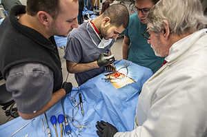 Dr. Pait provides instruction while residents perform a procedure on the synthetic cadaver.