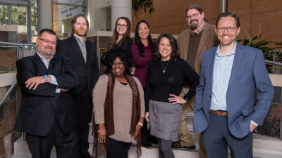 Members of the Informed Consent Navigator team include (front, l-r) Mathias Brochhausen, Ph.D., Nicki Spencer, M.H.A., Alison Caballero, MPH, CHES, and Jonathan Bona, Ph.D.; (back row) Justin Whorton, Sarah Fountain, MPH, CPH, CHES, Jennifer Gan-Kemp, MBA, CRS, and Aaron Kemp, MBA.