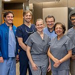 Members of the collaborating UAMS and University of Arkansas research teams for the prosthesis with the potential to provide sense of touch are (l-r) UAMS surgeons Mark Tait, M.D., John Bracey, M.D., and Erika Petersen, M.D.; and UA researchers James Abbas, Ph.D., Ranu Jung, Ph.D., Sathyakumar Kuntaegowdanahalli and Anil Thota.