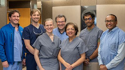Members of the collaborating UAMS and University of Arkansas research teams for the prosthesis with the potential to provide sense of touch are (l-r) UAMS surgeons Mark Tait, M.D., John Bracey, M.D., and Erika Petersen, M.D.; and UA researchers James Abbas, Ph.D., Ranu Jung, Ph.D., Sathyakumar Kuntaegowdanahalli and Anil Thota.