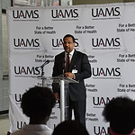 Brian Gittens, vice chancellor of the Division for Diversity, Equity and Inclusion, speaks during the press conference announcing UAMS' partnership with Hall STEAM Magnet High School.