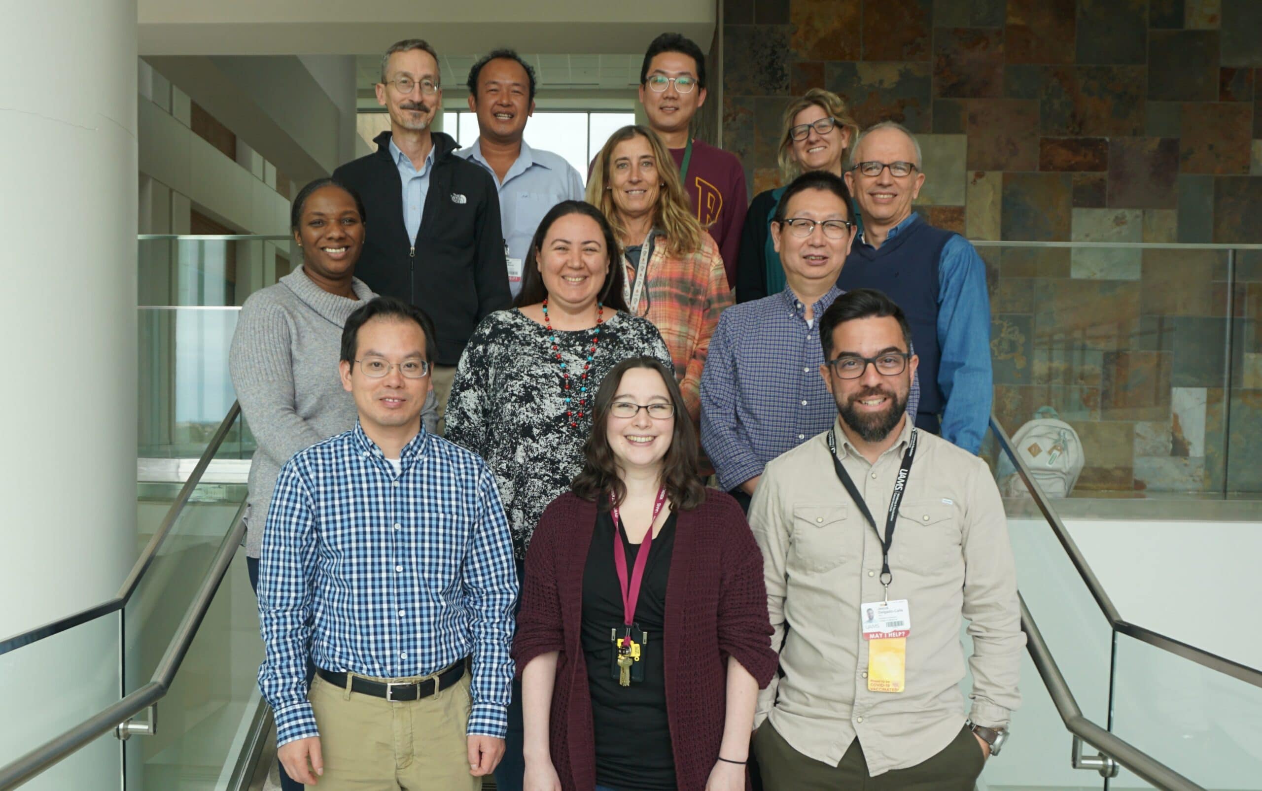 Team members of the UAMS Center for Musculoskeletal Disease Research include:, front row: Jinhu Xiong M.D., Ph.D., Amy Sato, Ph.D., Jesus Delgado-Calle, Ph.D.; second row: Janeelle Whitfield, Melda Onal, Ph.D., Qiang Fu, M.D., Ph.D.; third row: Charles O’Brien, Ph.D., Maria Almeida, Ph.D., Roy Morello, Ph.D.; back row: Intawat Nookaew, Ph.D., Ha-neui Kim, Ph.D., and Elena Ambrogini, M.D., Ph.D.