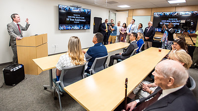 Chancellor Cam Patterson addresses the audience at the June 23 celebration of the 10th anniversary of the opening of the UAMS Delta Dental of Arkansas Foundation Oral Health Clinic.