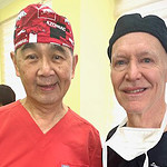 James Suen, M.D., and his former resident, Steve Orten, M.D., during a pause in surgery in Ukraine.