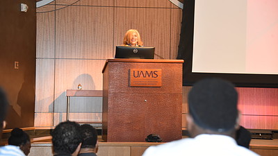 Rhonda Mattox, M.D., president of the Arkansas Medical, Dental and Pharmaceutical Association, delivers the keynote address during the Underrepresented in Health Graduation Celebration.