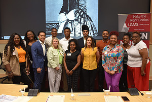 Members of the inaugural cohort of the Pre-Nursing Summer Scholars program stand with organizers and instructors from UAMS. 