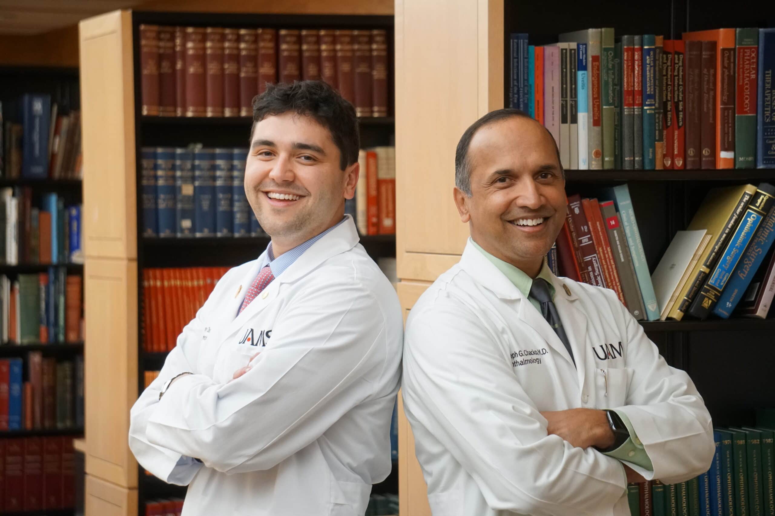 Ophthalmology is a family affair for resident Tony Chacko, M.D., (left) and his father, Joseph Chacko, M.D., director of neuro-ophthalmology at the UAMS Harvey & Bernice Jones Eye Institute.