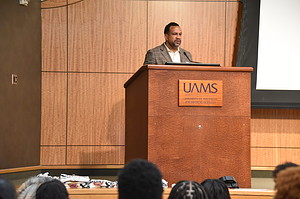 Brian Gittens, vice chancellor for diversity, equity and inclusion, addresses the students during the Health Career University Summer Bash.