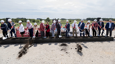 Members of UAMS, the UA and Marlon Blackwell Architects break ground at the site of the new UAMS Health Orthopaedics and Sports Performance Center