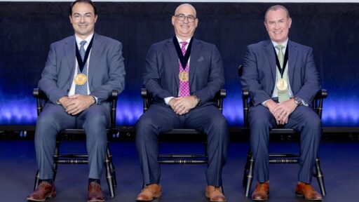 (From left) Mario G. Ferruzzi, Ph.D., Peter Mourani, M.D., and William J. Steinbach, M.D., were honored at an investiture ceremony Sept. 27.
