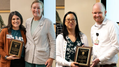 Layla Simmons, left, received the College of Health Profession's 2023 Excellence in Teach Award, and Thao Vu, second from right, received the 2023 Excellence in Service Award.