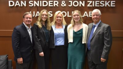 From left, C. Lowry Barnes, M.D.; Jordyn Zieske, daughter of the late Jon Zieske; Lisa Zieske, widow of Don Zieske; Leah Zieske, daughter of Jon Zieske; and Dan Snider.