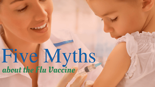 Little girl receives a flu shot. Image text says "Five Myths About Flu Vaccines."