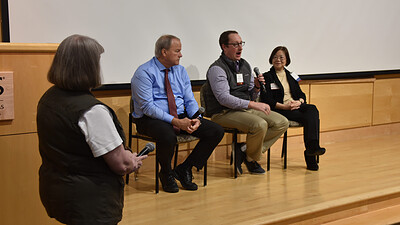 Christopher Johnson, assistant professor in the UAMS Department of Pharmacy Practice, responds to a question during a forum at the 2023 Geriatrics Updates conference. He was joined onstage by Donald Bodenner, director of the UAMS Thyroid Cancer Clinic and chief of endocrine oncology, and Jeanne Wei (right), executive director of the Donald W. Reynolds Institute on Aging.