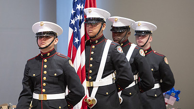 Students from the Arkansas Military and First Responder Academy conduct the presentation of colors at the start of the Veterans Appreciation Breakfast.