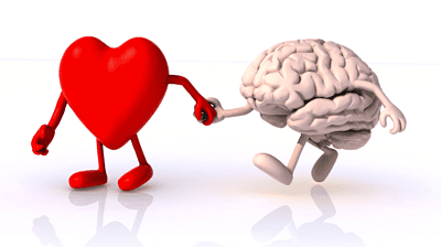 Cartoon heart and brain walking hand-in-hand