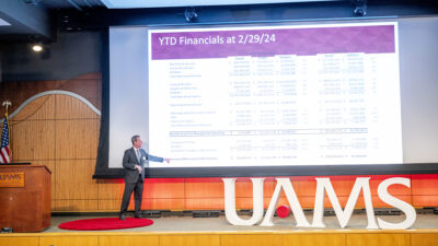 During his State of the University Address, Chancellor Cam Patterson points to the bottom-line numbers in the year-to-date (Feb. 29) financial outcomes for fiscal year 2024.