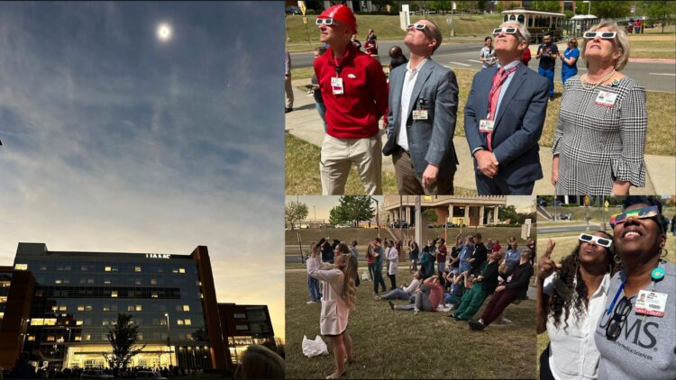 Left; the total solar eclipse over UAMS Medical Center, 1:52 p.m., April 8; top right: Michael Manley, Chancellor Cam Patterson, Steven Webber and Michelle Wiles; bottom center and right, UAMS employees look up at the solar eclipse.