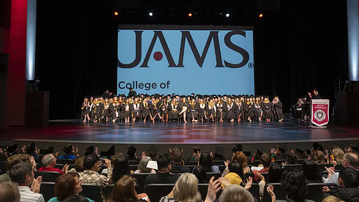 College of Health Professions students graduating with Master of Science in Communication Sciences and Disorders, Doctor of Audiology, Master of Science in Clinical Nutrition, Master of Science in Genetic Counseling, Doctor of Physical Therapy and Master of Physician Assistant Studies degrees were invested with hoods. May 17 in North Little Rock.