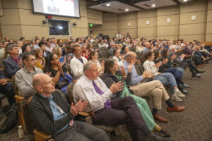 A huge crowd listens to Keefe in the Fred W. Smith auditorium.