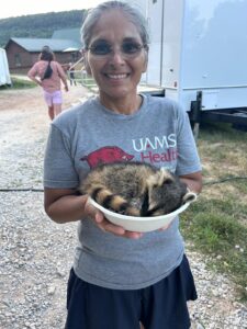 A UAMS team member holds a racoon in a bowl.