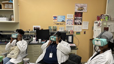 High school students from UAMS’ Pathways Academy take part in a virtual reality demonstration at the John L. McClellan Memorial Veterans Hospital in Little Rock. The students spent a week as volunteers at the hospital, interacting with veterans and gaining a better understanding of how war has changed the lives of those who served.