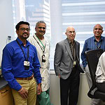 Researchers Meenakshisundaram Balasubramaniam (from left), Ph.D.; Srikanth Vallurupalli, M.D.; Robert J. Shmookler Reis, Ph.D.; Srinivas Ayyadevara, Ph.D.; and Akshatha Ganne are shown in their research laboratory at the UAMS Donald W. Reynolds Institute on Aging. Ganne was the lead author of the study published in the journal Aging Biology.