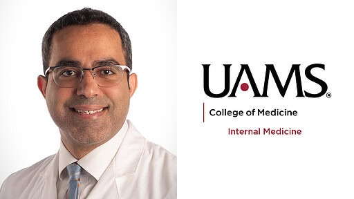 white coat portrait of Mohammad Alomari, M.D., and UAMS logo