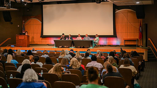 An audience of mostly health care professionals listens as stroke survivors share their experiences.