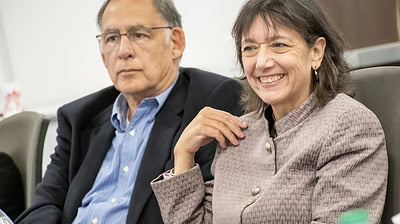 Monica Bertagnolli, M.D., director of the National Institutes of Health, speaks at the UAMS Institute for Community Health Innovation, while U.S. Sen. John Boozman looks on.