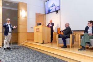 Neal Halfon, M.D., MPH (left), posed questions to featured speakers during a conference panel discussions, moderated by Peter Mourani, M.D. (center), president of the Arkansas Children's Research Institute. The panel included Colin Kay, Ph.D. (second from right), professor of pediatrics, and David Matlock, M.D., an assistant professor of pediatrics. 