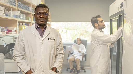 Marius Nagalo, Ph.D., (left) is the first UAMS researcher to receive the prestigious New Innovator Award from the National Institutes of Health.