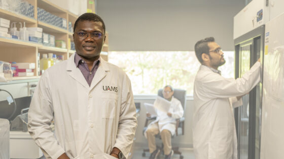 Marius Nagalo, Ph.D., (left) is the first UAMS researcher to receive the prestigious New Innovator Award from the National Institutes of Health.