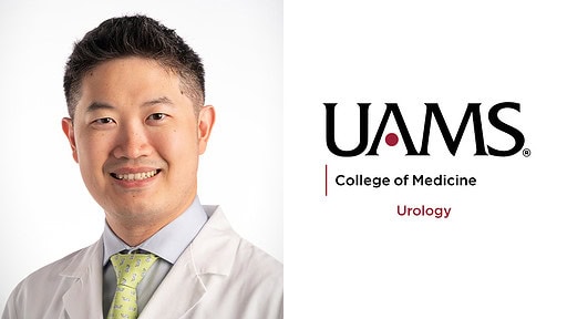 white-coat portrait-style photograph of Dr. Song with UAMS logo