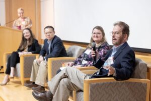 Dennis Sullivan, M.D., (right), responds to a question during a panel discussion. Also pictured are (l-r), Laura James, M.D., Katy Allison, Ph.D., MPH, Yong Zhu, Ph.D., and Lorraine McKelvey, Ph.D. (Photo by Karen Segrave)