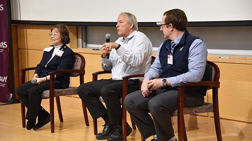 Donald Bodenner, director of the UAMS Thyroid Cancer Clinic and chief of endocrine oncology, speaks during a panel discussion that also featured Jeanne Wei, executive director of the Institute on Aging and chair of the Department of Geriatrics, and Christopher Johnson, assistant professor in the Department of Pharmacy Practice.