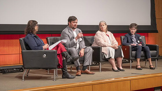 Panelists Sean Gardner, Carole Tucker, PT, Ph.D., and Carolyn Clancy, M.D., discuss AI as UAMS' Wendy Ward, Ph.D., moderates.