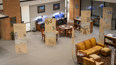 The “Renaissance Science, Magic, and Medicine in Harry Potter’s World” exhibit is shown in the UAMS Library.