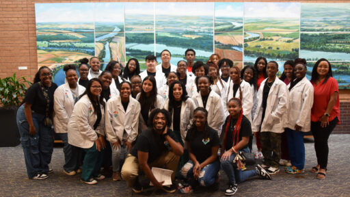 Students and staff members pose for a group photo on the UAMS campus during the 2024 summer session of the Arkansas Delta Health Careers Opportunity Program Academy. The application period is now open for the 2025 summer session.